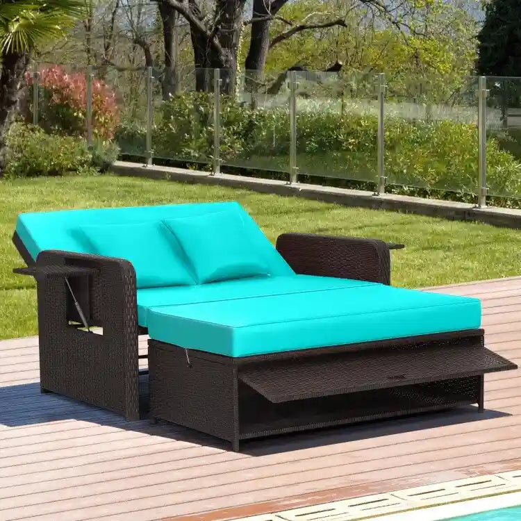 Patio Rattan Daybed with 4-Level Adjustable Backrest and Retractable Side Tray - 31 x 67 x 36