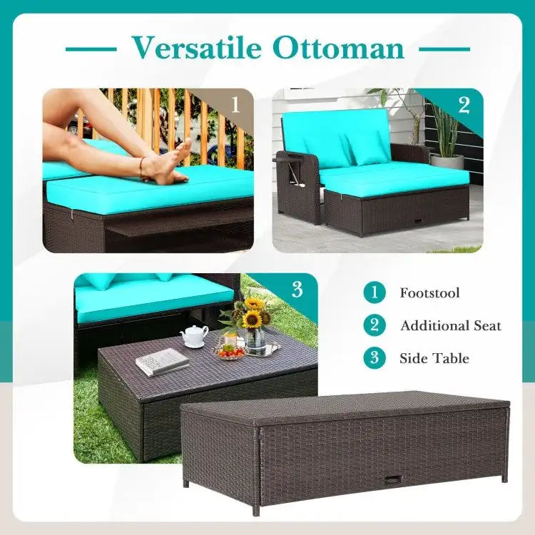 Patio Rattan Daybed with 4-Level Adjustable Backrest and Retractable Side Tray - 31 x 67 x 36