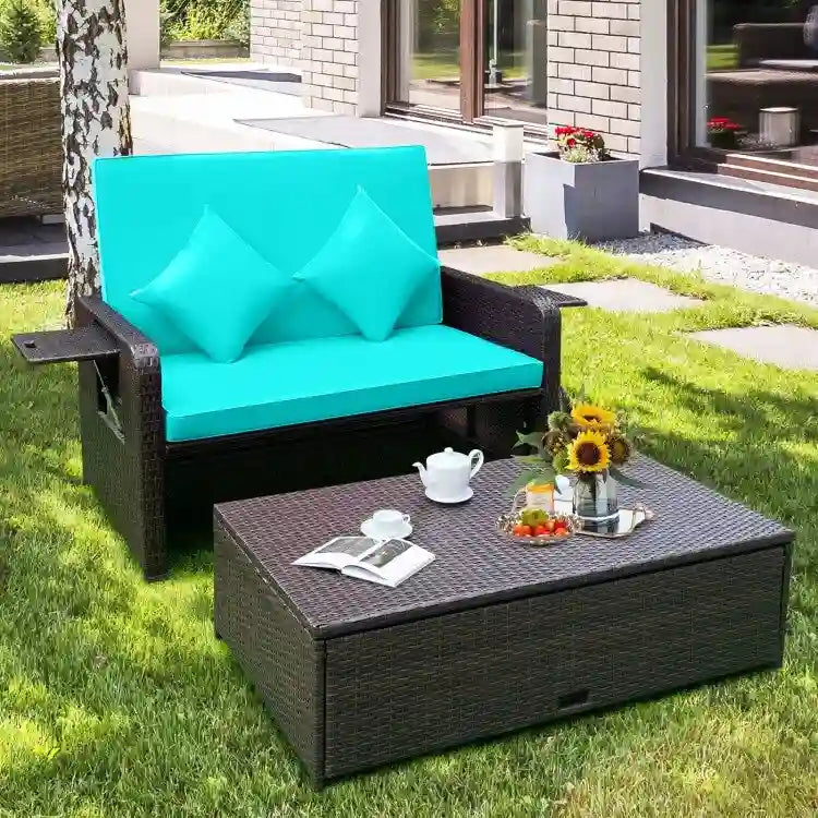Patio Rattan Daybed with 4-Level Adjustable Backrest and Retractable Side Tray - 31 x 67 x 36