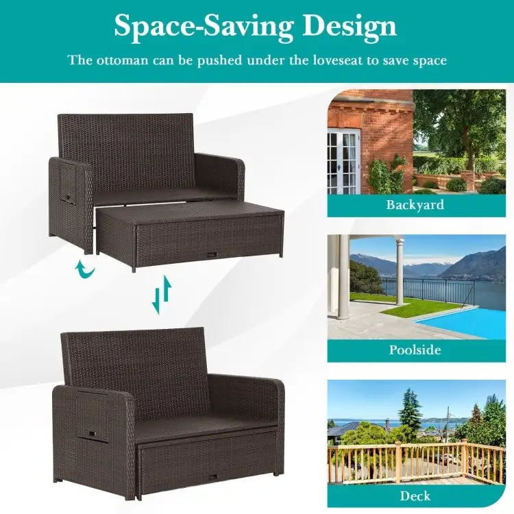 Patio Rattan Daybed with 4-Level Adjustable Backrest and Retractable Side Tray - 31 x 67 x 36