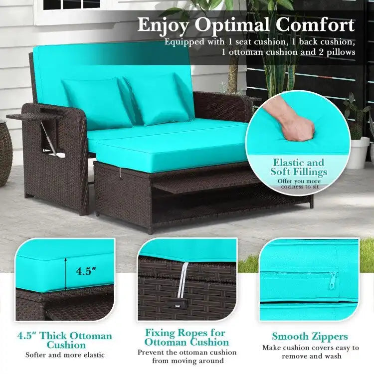 Patio Rattan Daybed with 4-Level Adjustable Backrest and Retractable Side Tray - 31 x 67 x 36