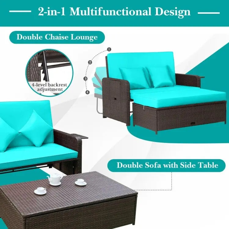 Patio Rattan Daybed with 4-Level Adjustable Backrest and Retractable Side Tray - 31 x 67 x 36
