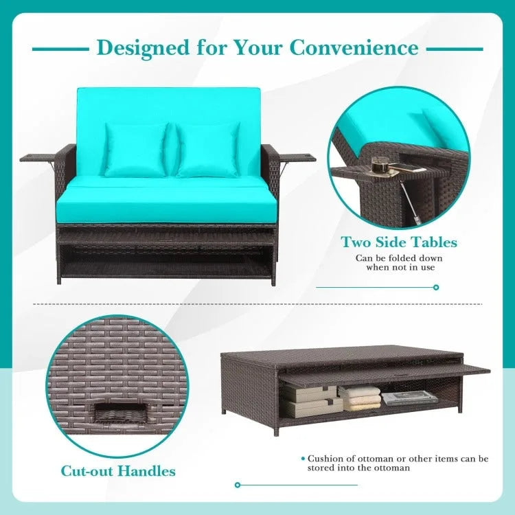 Patio Rattan Daybed with 4-Level Adjustable Backrest and Retractable Side Tray - 31 x 67 x 36
