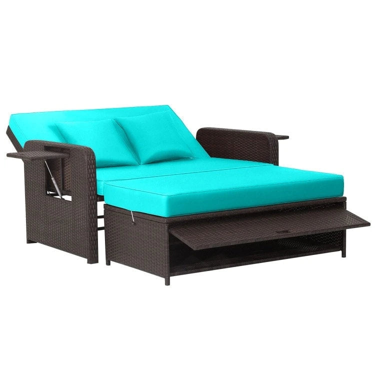 Patio Rattan Daybed with 4-Level Adjustable Backrest and Retractable Side Tray - 31 x 67 x 36