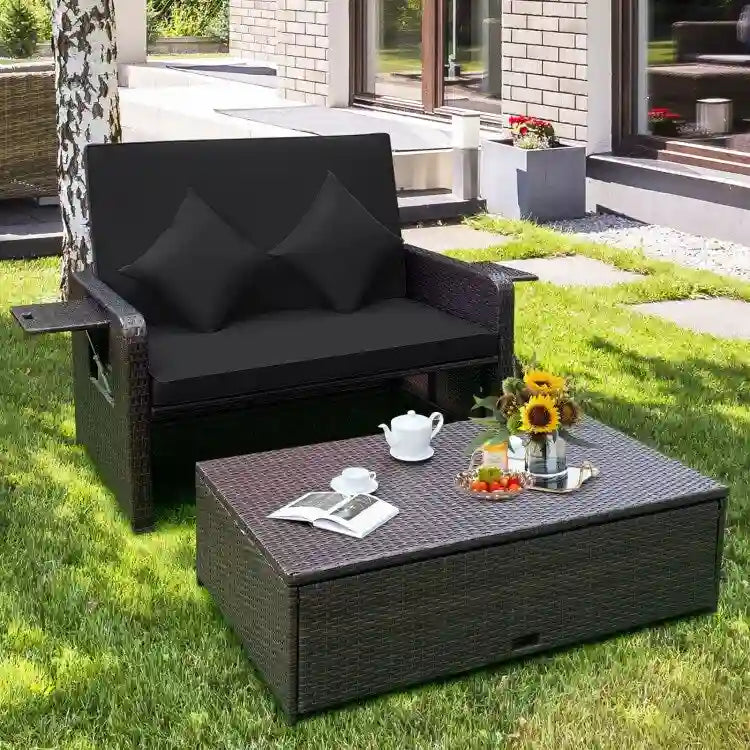Patio Rattan Daybed with 4-Level Adjustable Backrest and Retractable Side Tray - 31 x 67 x 36