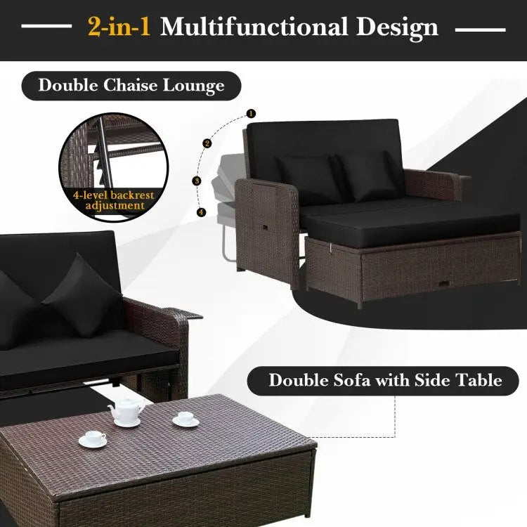 Patio Rattan Daybed with 4-Level Adjustable Backrest and Retractable Side Tray - 31 x 67 x 36