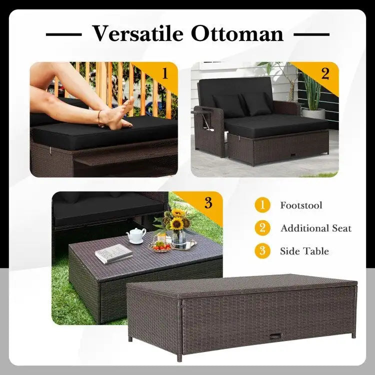 Patio Rattan Daybed with 4-Level Adjustable Backrest and Retractable Side Tray - 31 x 67 x 36
