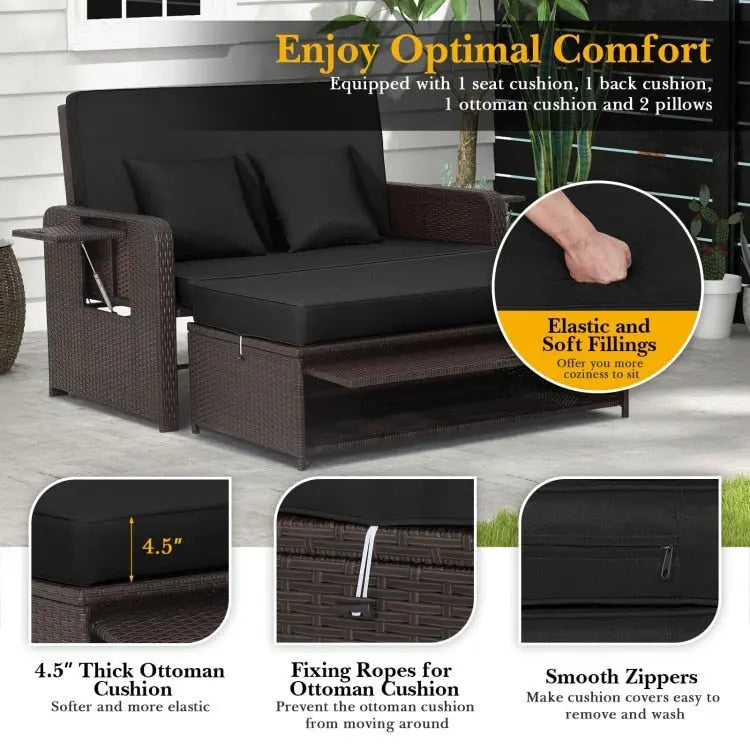 Patio Rattan Daybed with 4-Level Adjustable Backrest and Retractable Side Tray - 31 x 67 x 36