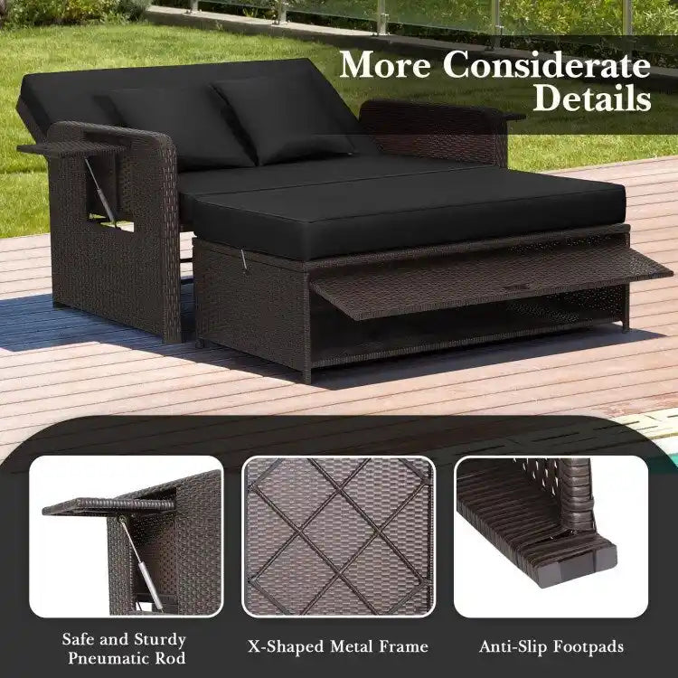 Patio Rattan Daybed with 4-Level Adjustable Backrest and Retractable Side Tray - 31 x 67 x 36