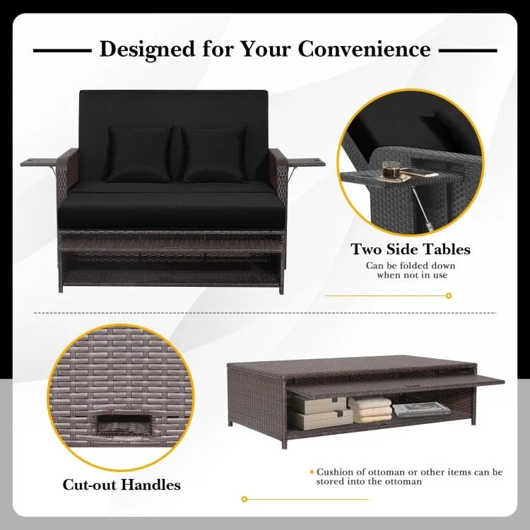 Patio Rattan Daybed with 4-Level Adjustable Backrest and Retractable Side Tray - 31 x 67 x 36