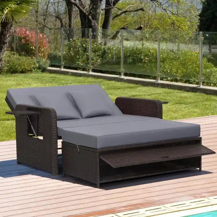 Patio Rattan Daybed with 4-Level Adjustable Backrest and Retractable Side Tray - 31 x 67 x 36