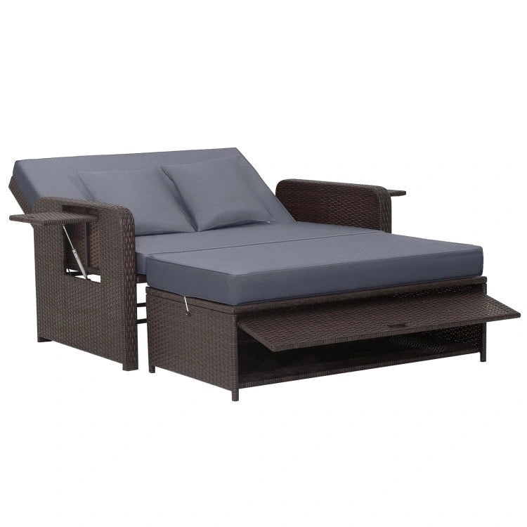 Patio Rattan Daybed with 4-Level Adjustable Backrest and Retractable Side Tray - 31 x 67 x 36