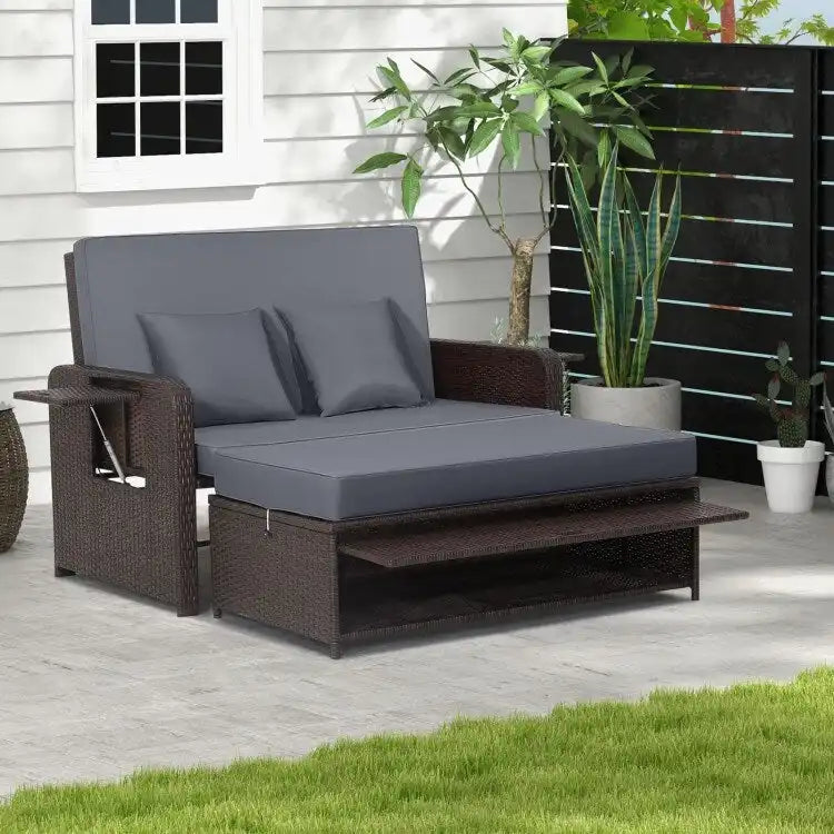 Patio Rattan Daybed with 4-Level Adjustable Backrest and Retractable Side Tray - 31 x 67 x 36