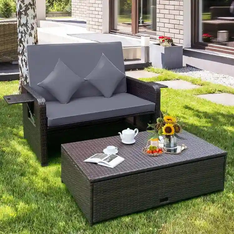 Patio Rattan Daybed with 4-Level Adjustable Backrest and Retractable Side Tray - 31 x 67 x 36