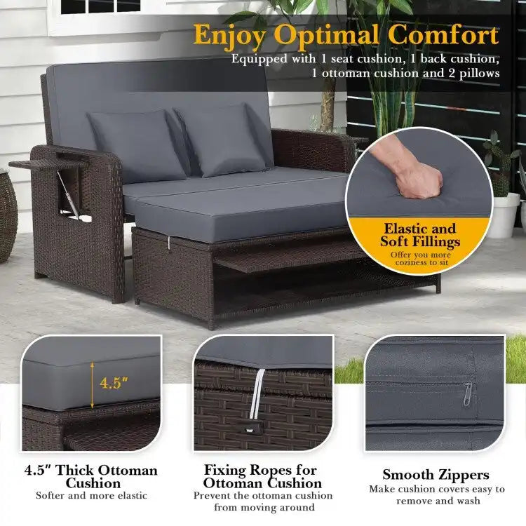 Patio Rattan Daybed with 4-Level Adjustable Backrest and Retractable Side Tray - 31 x 67 x 36