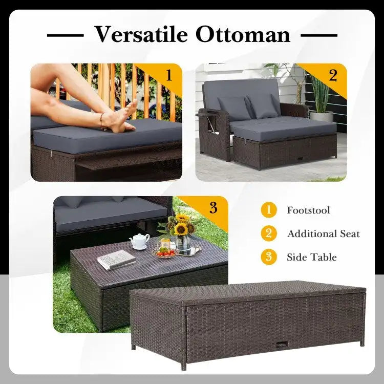 Patio Rattan Daybed with 4-Level Adjustable Backrest and Retractable Side Tray - 31 x 67 x 36