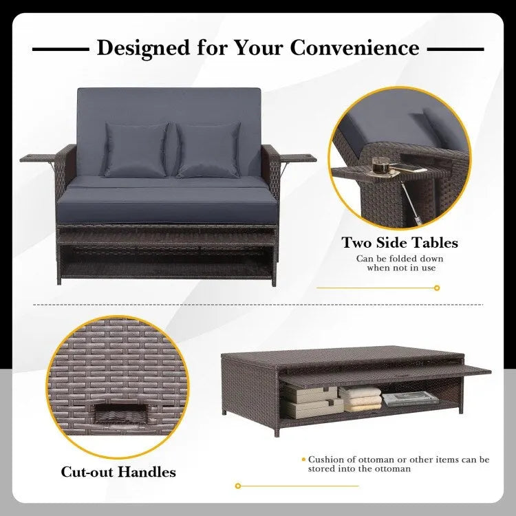 Patio Rattan Daybed with 4-Level Adjustable Backrest and Retractable Side Tray - 31 x 67 x 36