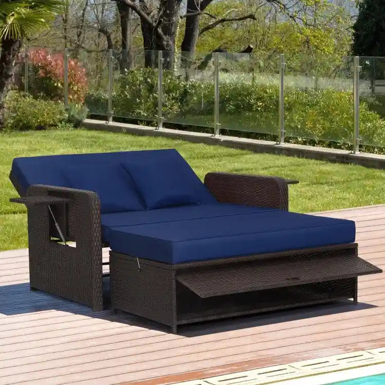 Patio Rattan Daybed with 4-Level Adjustable Backrest and Retractable Side Tray - 31 x 67 x 36