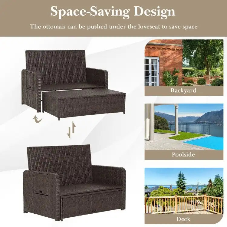 Patio Rattan Daybed with 4-Level Adjustable Backrest and Retractable Side Tray - 31 x 67 x 36