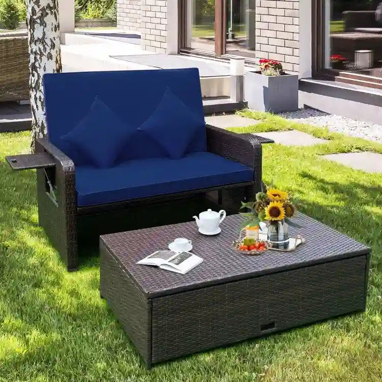 Patio Rattan Daybed with 4-Level Adjustable Backrest and Retractable Side Tray - 31 x 67 x 36
