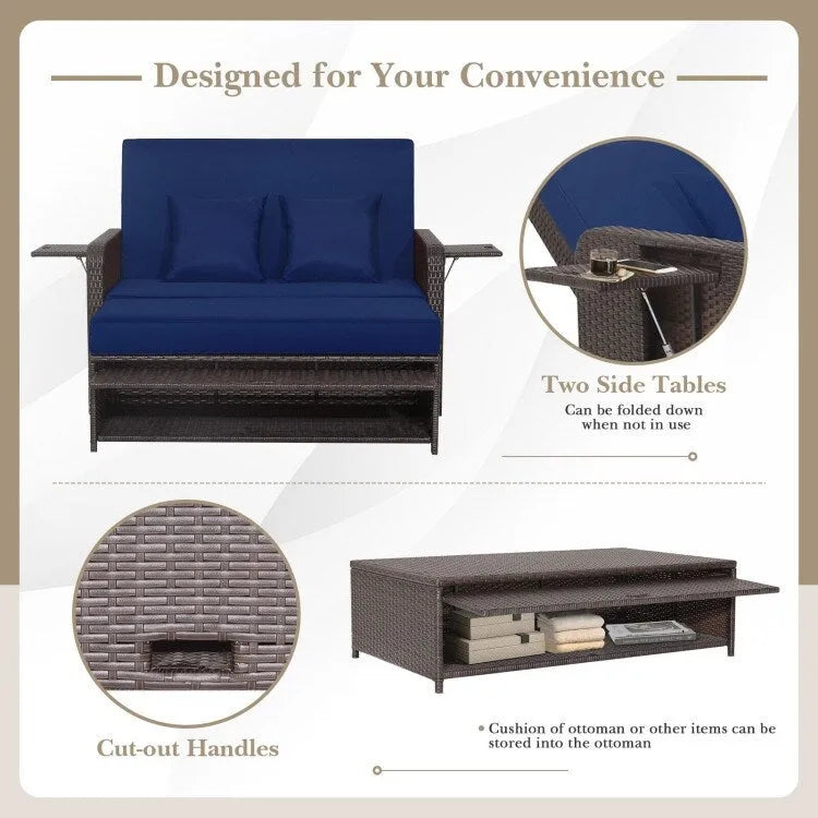 Patio Rattan Daybed with 4-Level Adjustable Backrest and Retractable Side Tray - 31 x 67 x 36