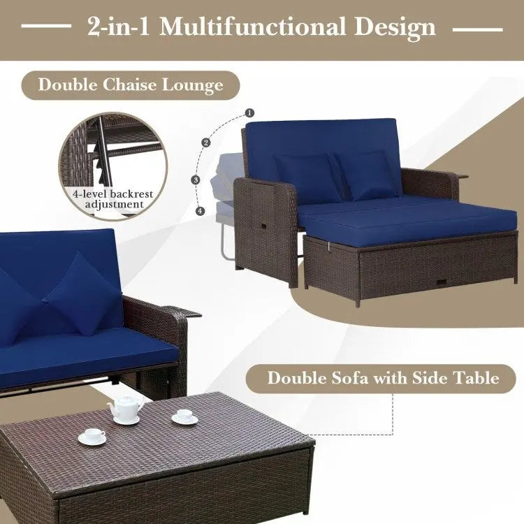 Patio Rattan Daybed with 4-Level Adjustable Backrest and Retractable Side Tray - 31 x 67 x 36