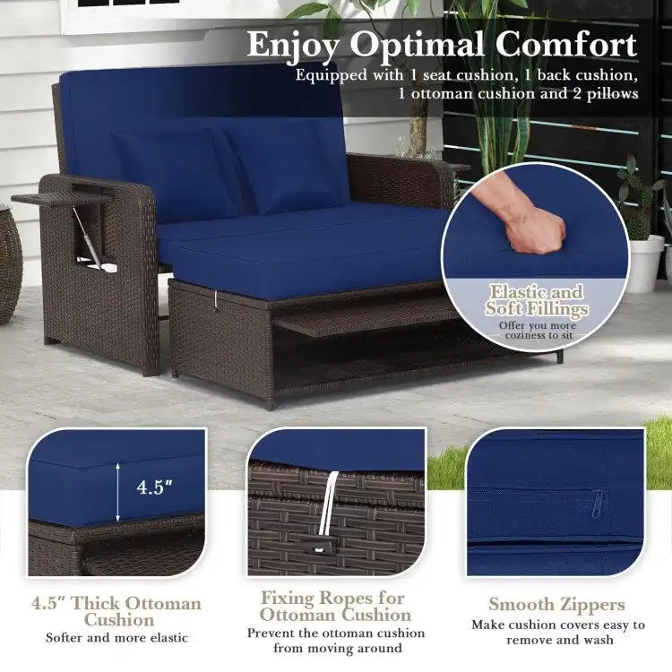 Patio Rattan Daybed with 4-Level Adjustable Backrest and Retractable Side Tray - 31 x 67 x 36