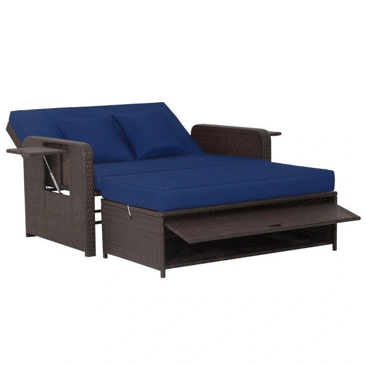 Patio Rattan Daybed with 4-Level Adjustable Backrest and Retractable Side Tray - 31 x 67 x 36