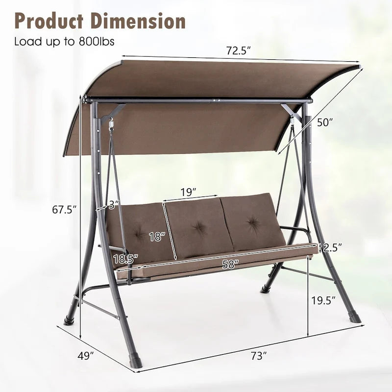 Costway 3-Seat Outdoor Porch Swing Adjustable Canopy Padded Cushions - See Details