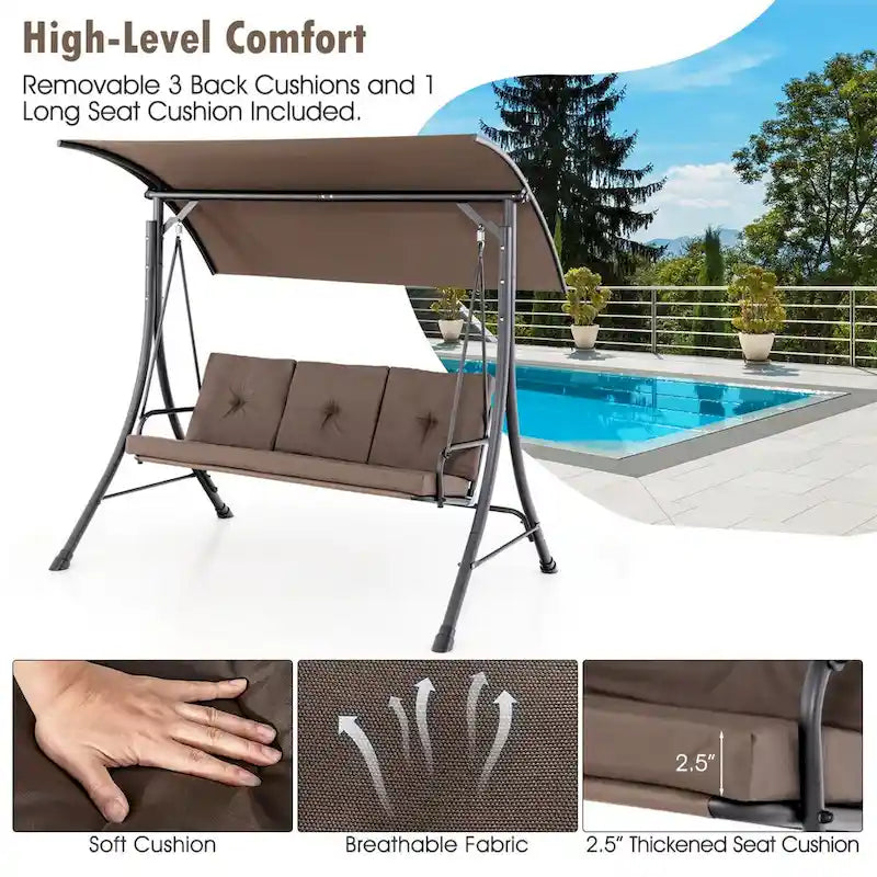 Costway 3-Seat Outdoor Porch Swing Adjustable Canopy Padded Cushions - See Details