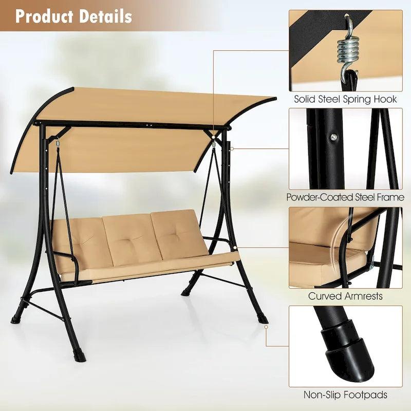 Costway 3-Seat Outdoor Porch Swing Adjustable Canopy Padded Cushions - See Details