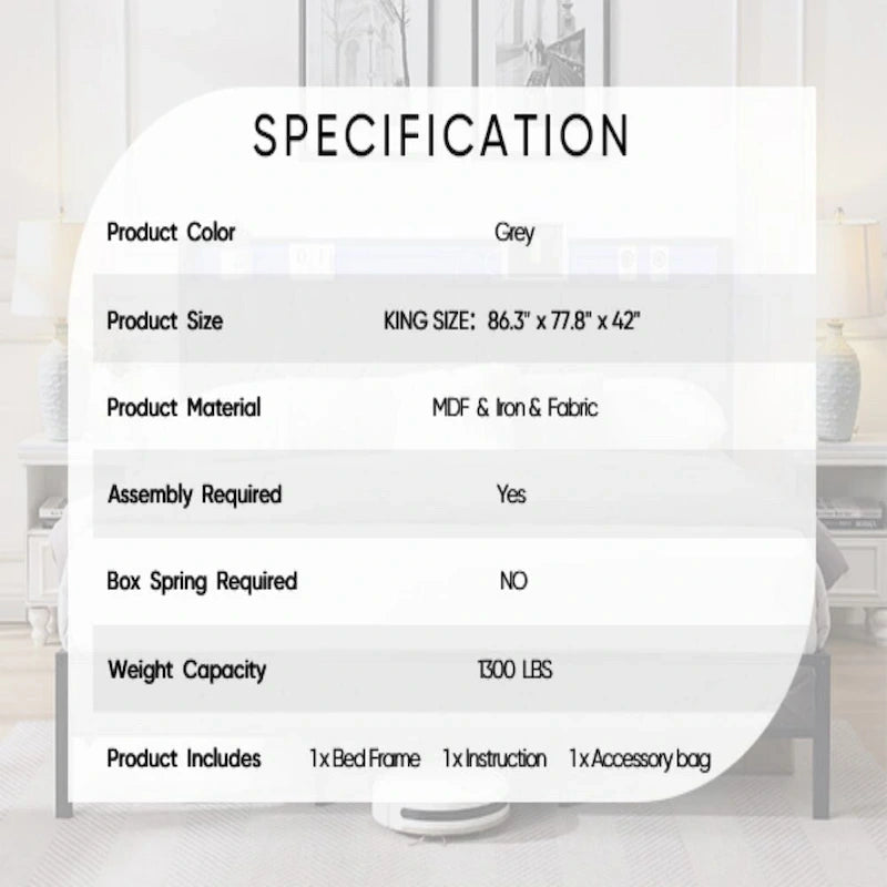 King Bed Frame with Storage Headboard, Charging Station and LED Lights, Upholstered Platform Bed