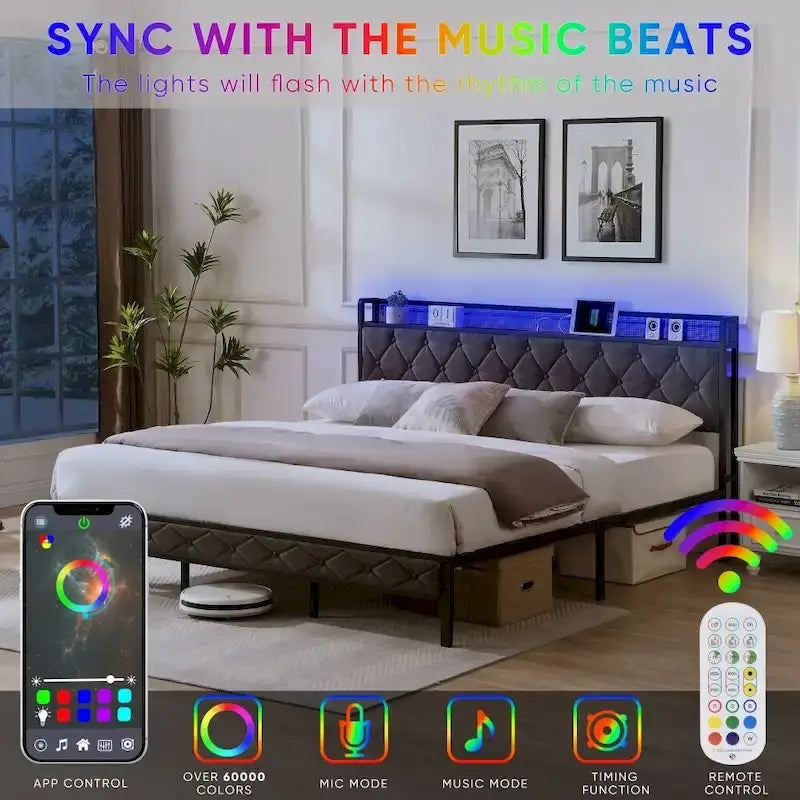 King Bed Frame with Storage Headboard, Charging Station and LED Lights, Upholstered Platform Bed