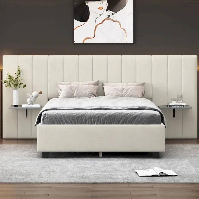 Full Size Upholstered Platform Bed with Big Headboard