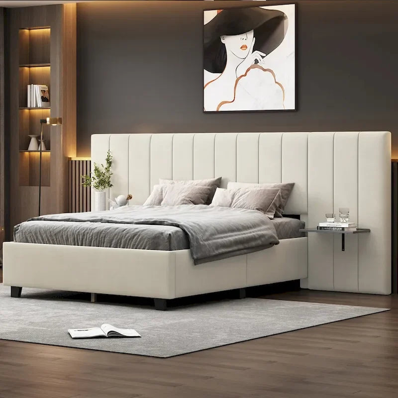 Full Size Upholstered Platform Bed with Big Headboard