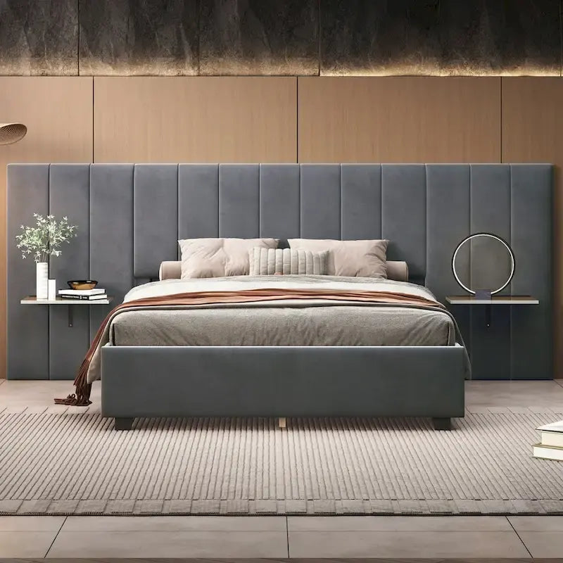 Full Size Upholstered Platform Bed with Big Headboard