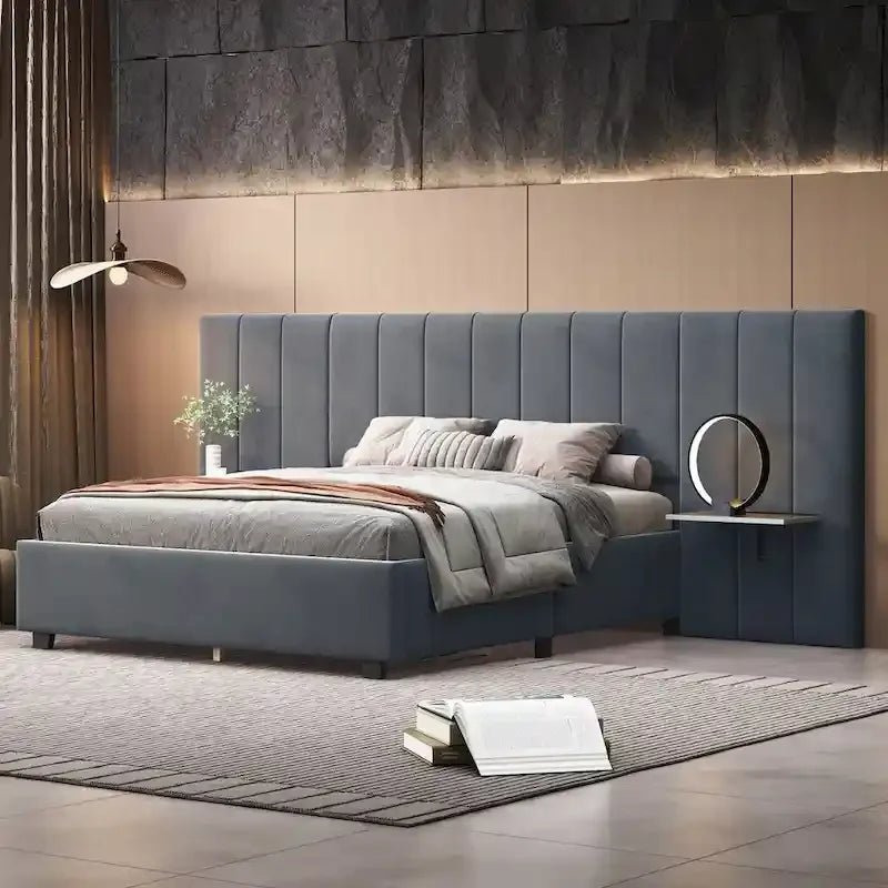 Full Size Upholstered Platform Bed with Big Headboard