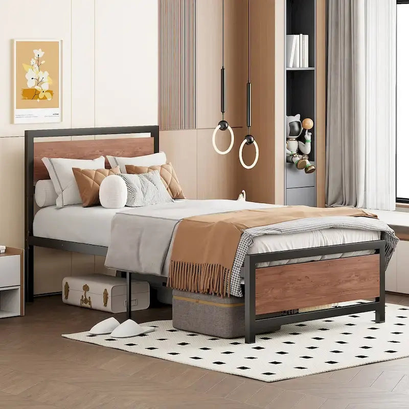  Twin Size Platform Bed, Metal and Wood Bed Frame with Headboard and Footboard
