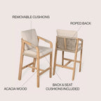Annecy Modern Coastal Tub Roped Acacia Wood Outdoor Bar Stool with Cushions and Armrests, (Set of 2) by JONATHAN Y