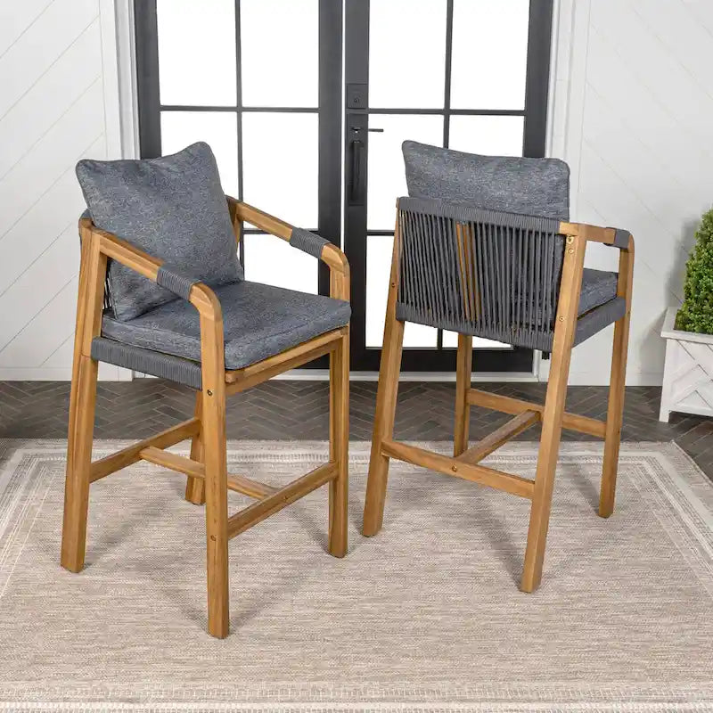Annecy Modern Coastal Tub Roped Acacia Wood Outdoor Bar Stool with Cushions and Armrests, (Set of 2) by JONATHAN Y