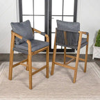 Annecy Modern Coastal Tub Roped Acacia Wood Outdoor Bar Stool with Cushions and Armrests, (Set of 2) by JONATHAN Y