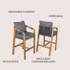 Annecy Modern Coastal Tub Roped Acacia Wood Outdoor Bar Stool with Cushions and Armrests, (Set of 2) by JONATHAN Y