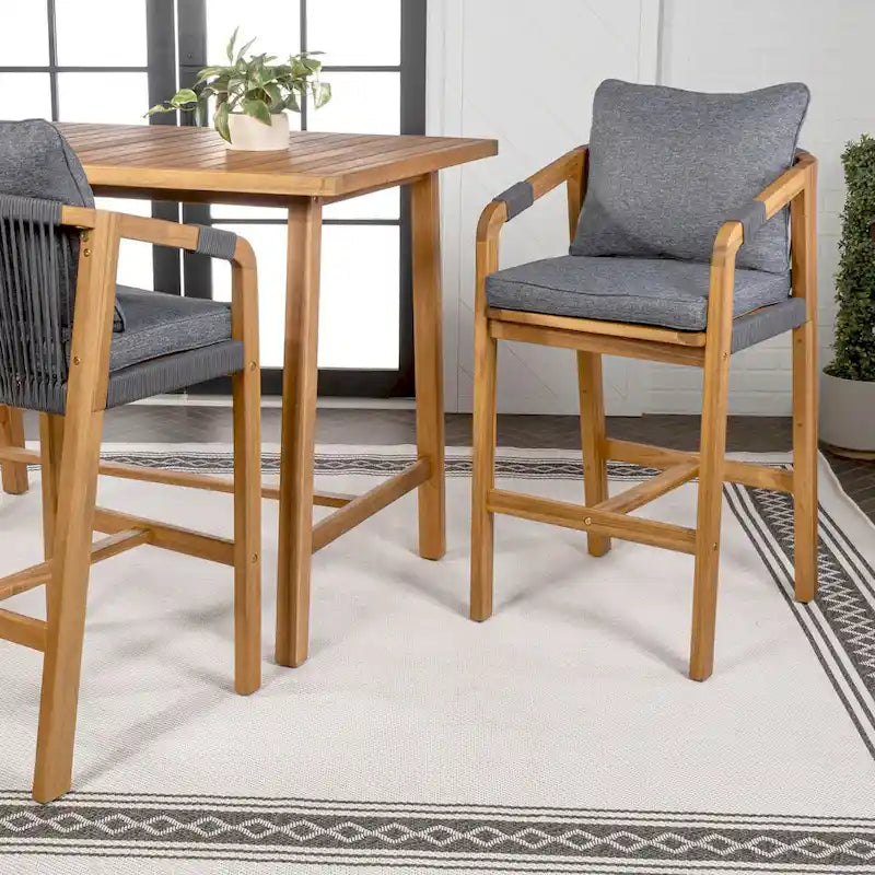 Annecy Modern Coastal Tub Roped Acacia Wood Outdoor Bar Stool with Cushions and Armrests, (Set of 2) by JONATHAN Y