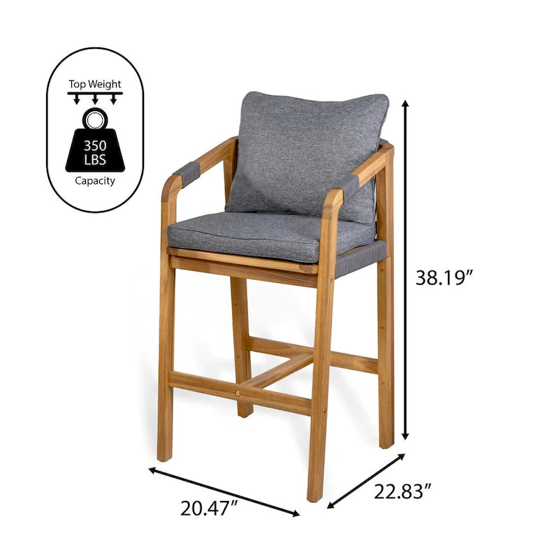 Annecy Modern Coastal Tub Roped Acacia Wood Outdoor Bar Stool with Cushions and Armrests, (Set of 2) by JONATHAN Y