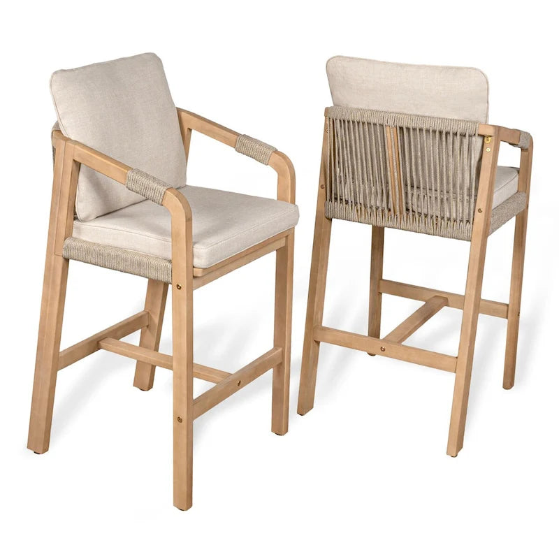 Annecy Modern Coastal Tub Roped Acacia Wood Outdoor Bar Stool with Cushions and Armrests, (Set of 2) by JONATHAN Y