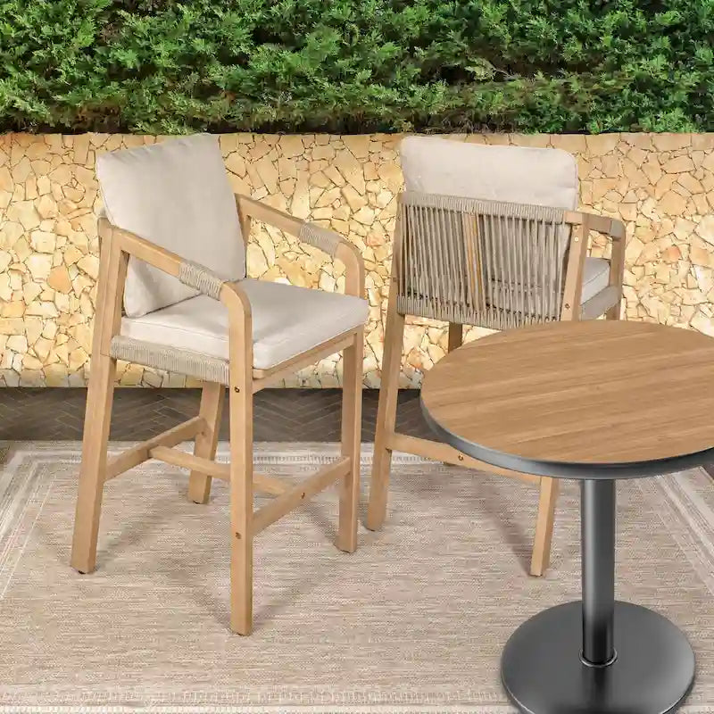 Annecy Modern Coastal Tub Roped Acacia Wood Outdoor Bar Stool with Cushions and Armrests, (Set of 2) by JONATHAN Y