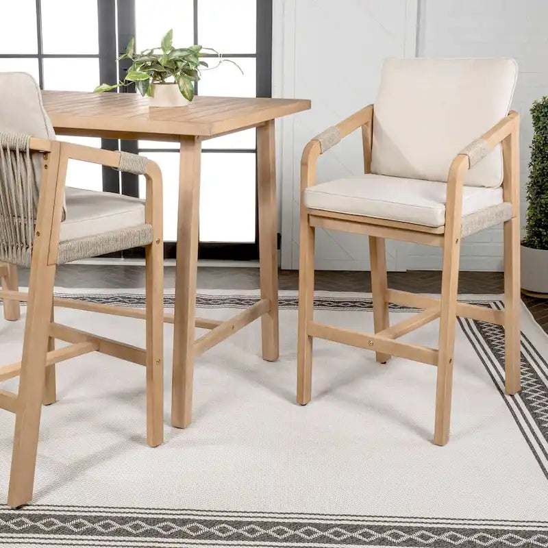Annecy Modern Coastal Tub Roped Acacia Wood Outdoor Bar Stool with Cushions and Armrests, (Set of 2) by JONATHAN Y