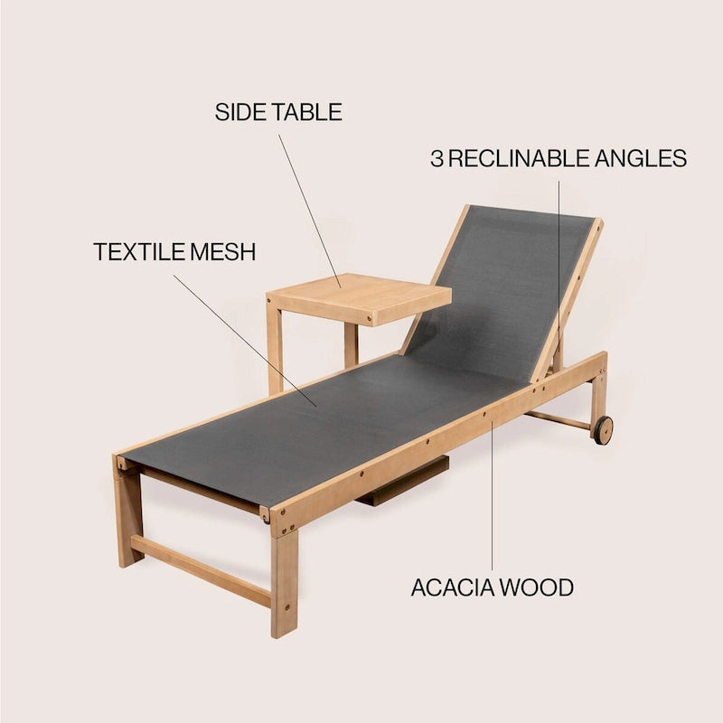 Barclay Coastal Modern Acacia Wood Mesh 3-Position Outdoor Chaise Lounge Set with Side Table, by JONATHAN Y