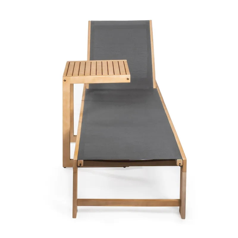 Barclay Coastal Modern Acacia Wood Mesh 3-Position Outdoor Chaise Lounge Set with Side Table, by JONATHAN Y