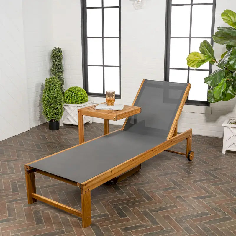 Barclay Coastal Modern Acacia Wood Mesh 3-Position Outdoor Chaise Lounge Set with Side Table, by JONATHAN Y